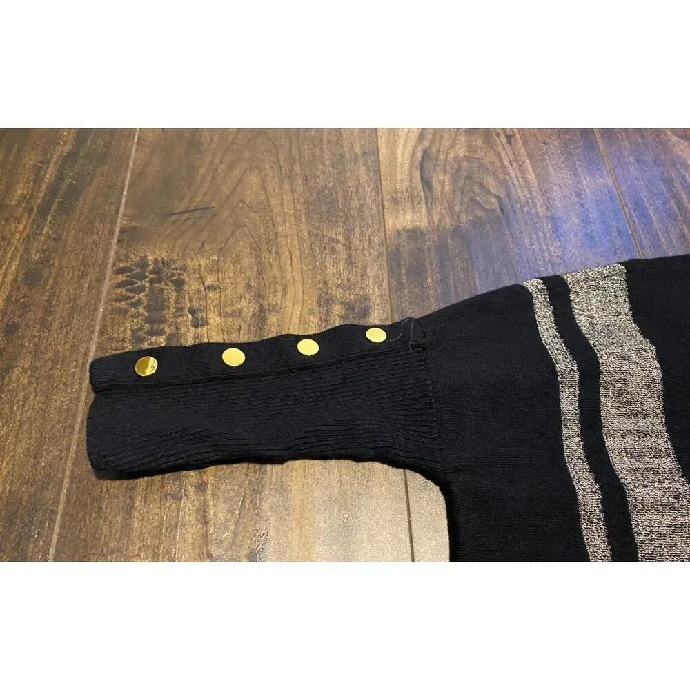 Alfani PXL Black & Metallic Pullover Sweater Top Gold Button Accents Boxy Chic